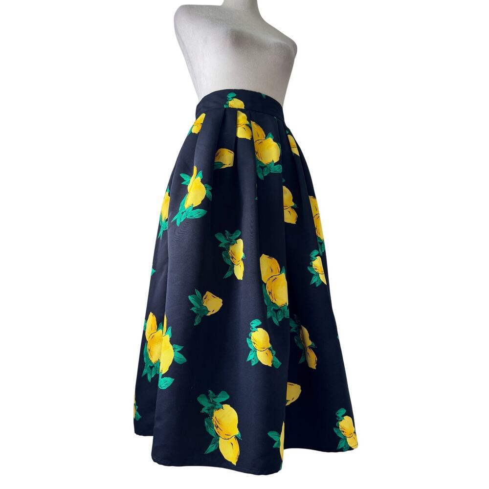 Eva Mendes New York & Company Navy Blue Lemon Print A-Line Midi Skirt